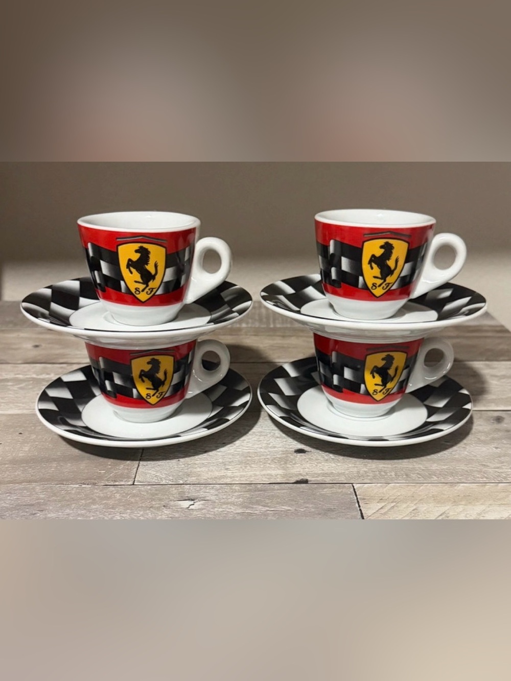 NewFerrari Red, Black & Yellow Checkered Espresso Cup and Saucer Set - 4 Pieces
